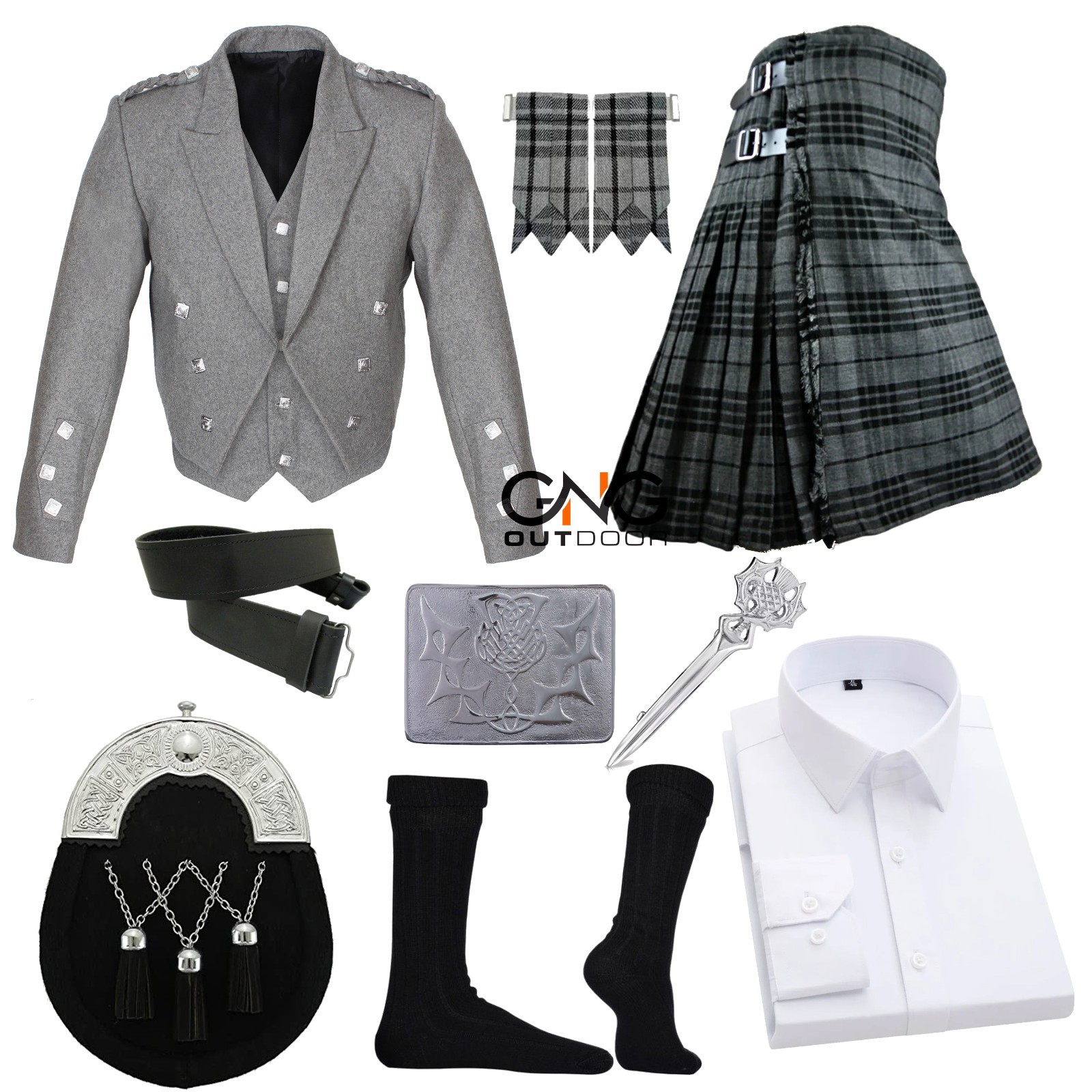 Scottish Men’s Grey Wool Prince Jacket kilt outfit Traditional Wedding kilt set