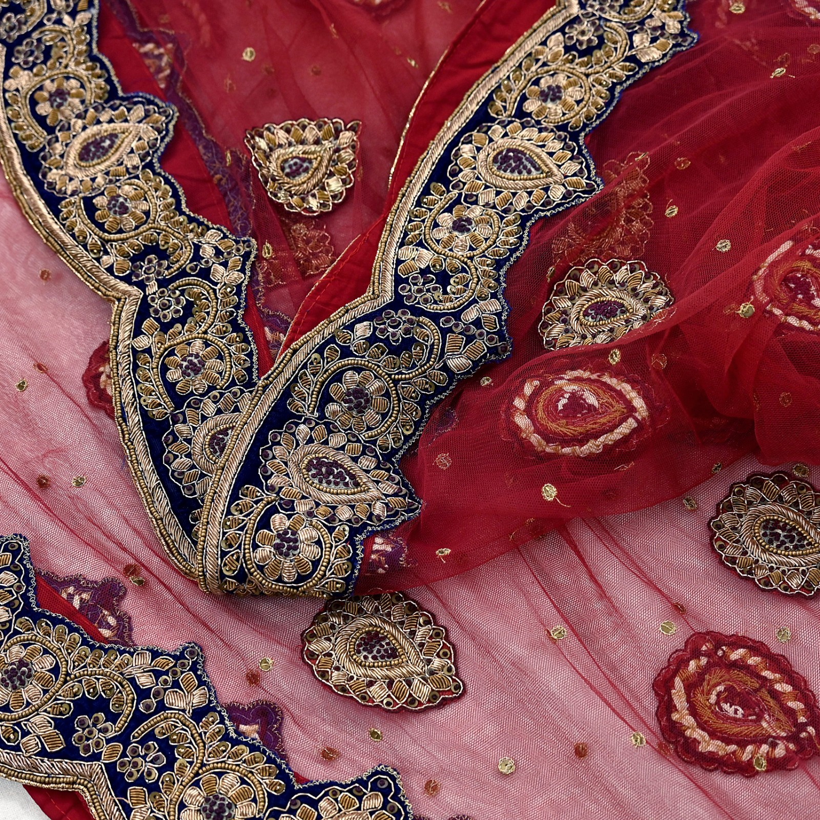 Heavy Red Raw Silk/Net Hand Embroidered Lehenga 3pcs Set By Designer Sabyasachi