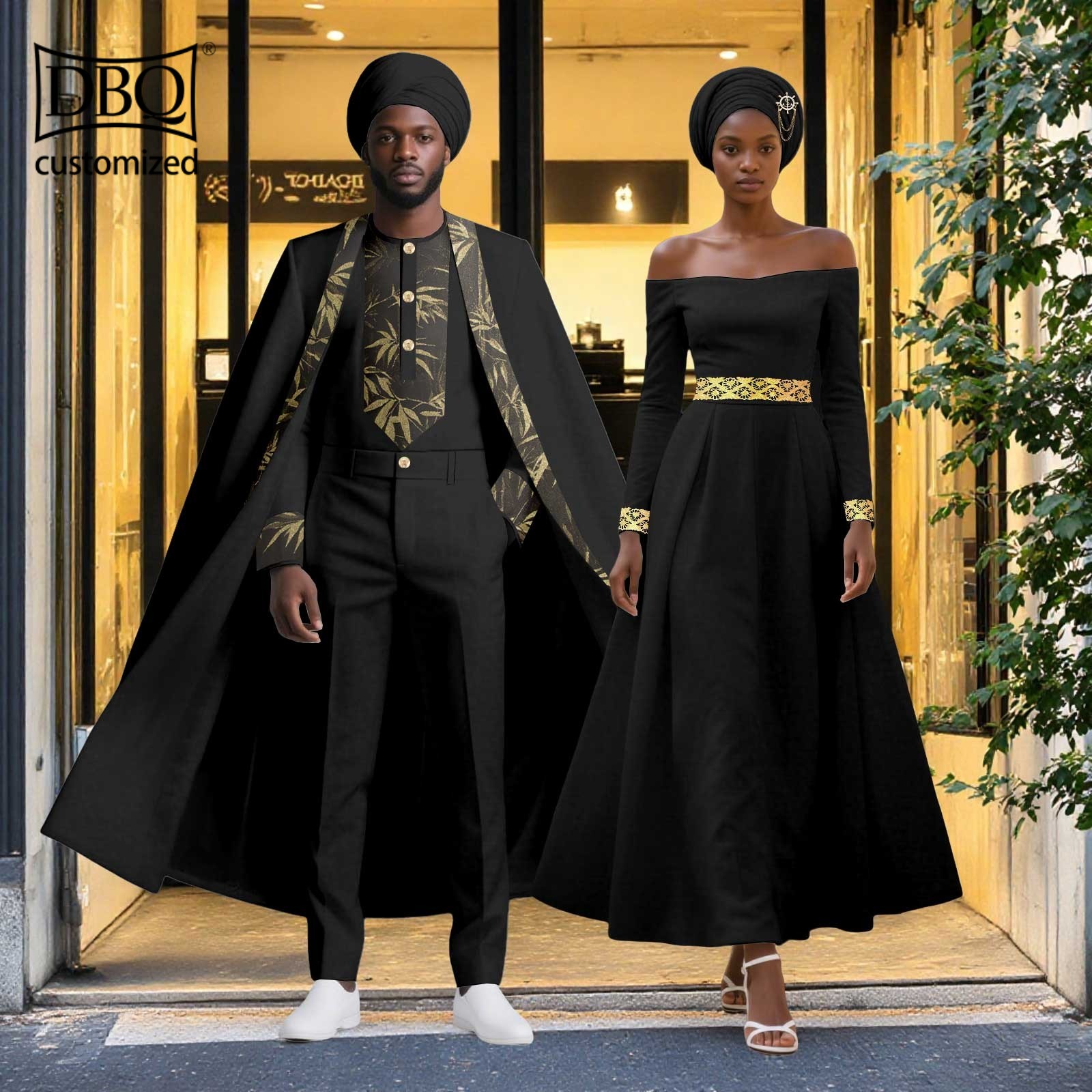 African Couple Clothes Men Long Cloak+Jacket Pants Set Women Dress with Headwrap