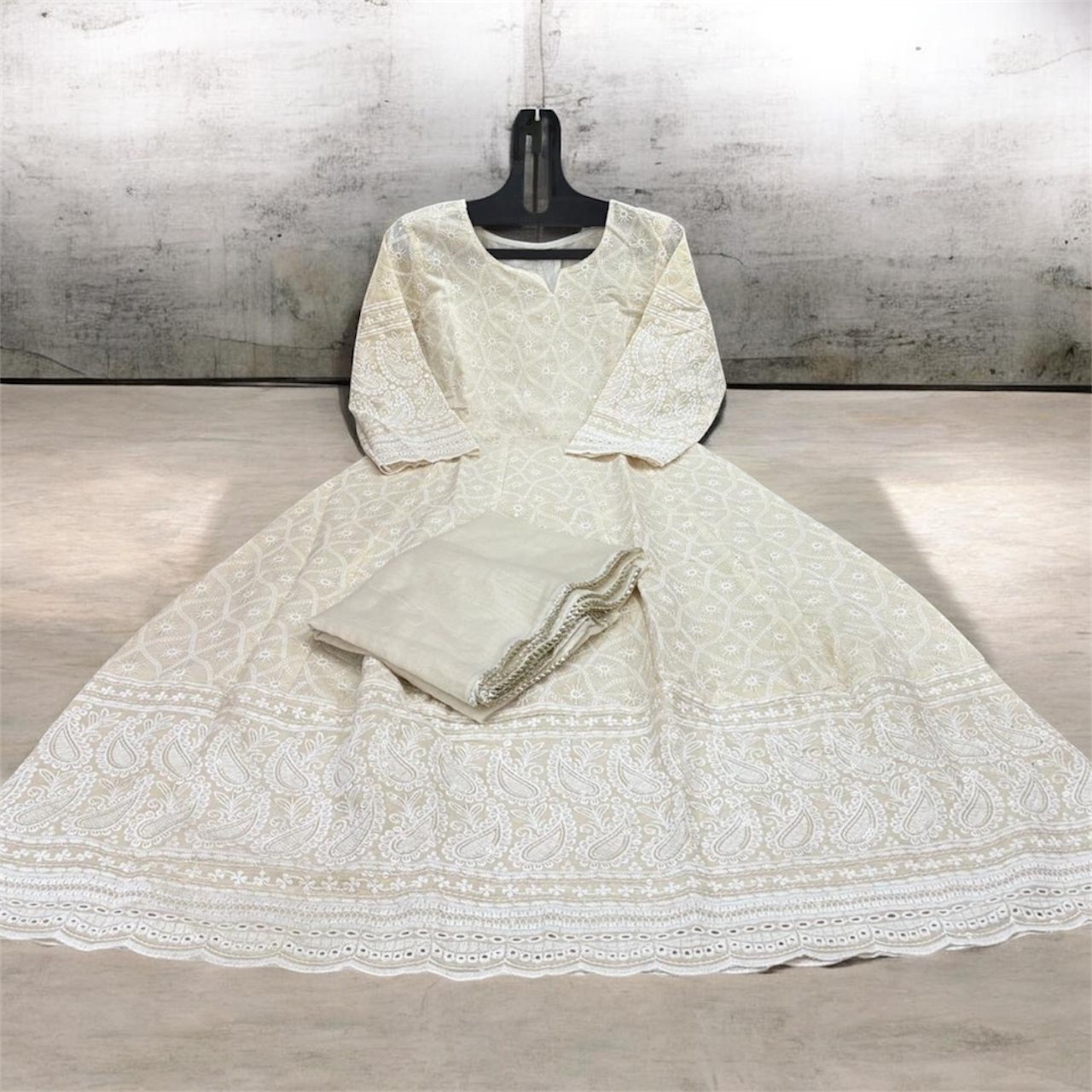 Women’s Cotton Chikankari Sequin Long Kurti with Chanderi Dupatta Set
