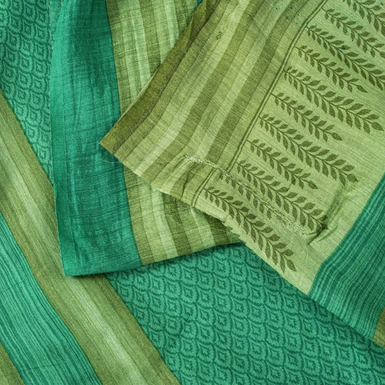 Sanskriti Vintage Saree Green Soft Pure Woolen Floral Printed Sari 5.5+Yd Fabric