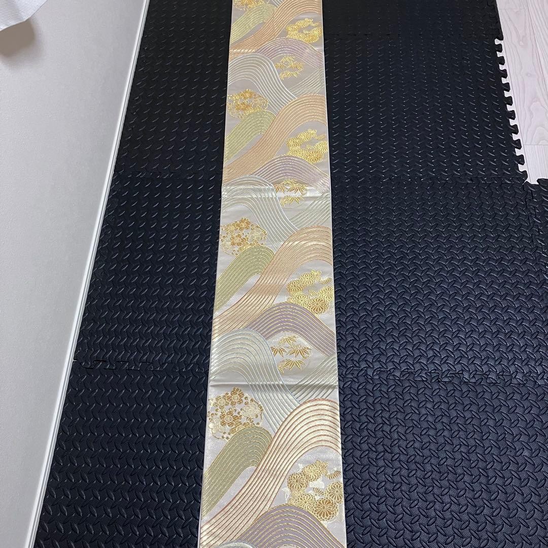 Japanese Silk Fukuro Obi Silver Gold Floral Roundel Curved Line 440 x 30.5 cm