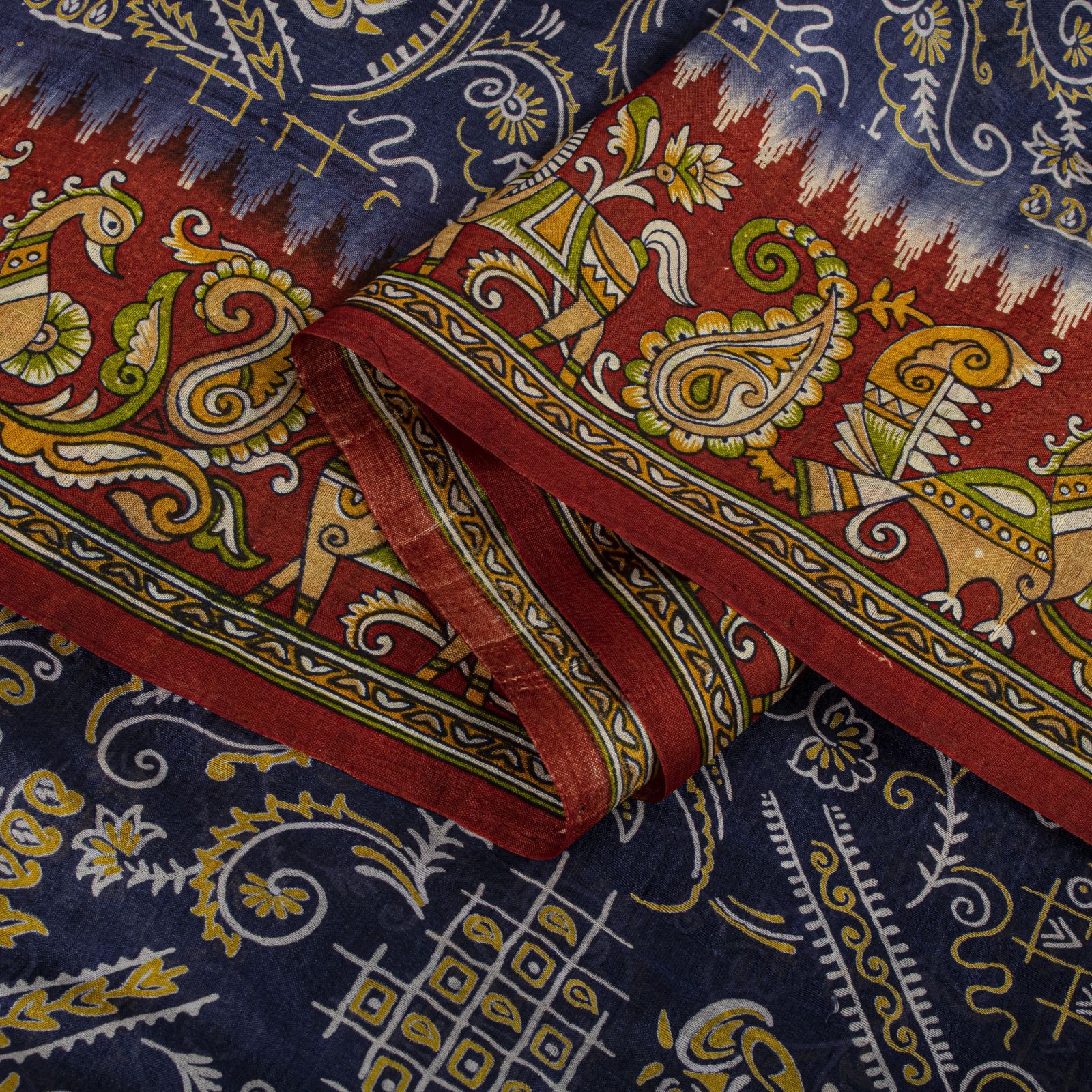 Sanskriti Vintage Blue Pure Silk Saree Kalamkari Print Sari 5.5Yard Fabric Craft