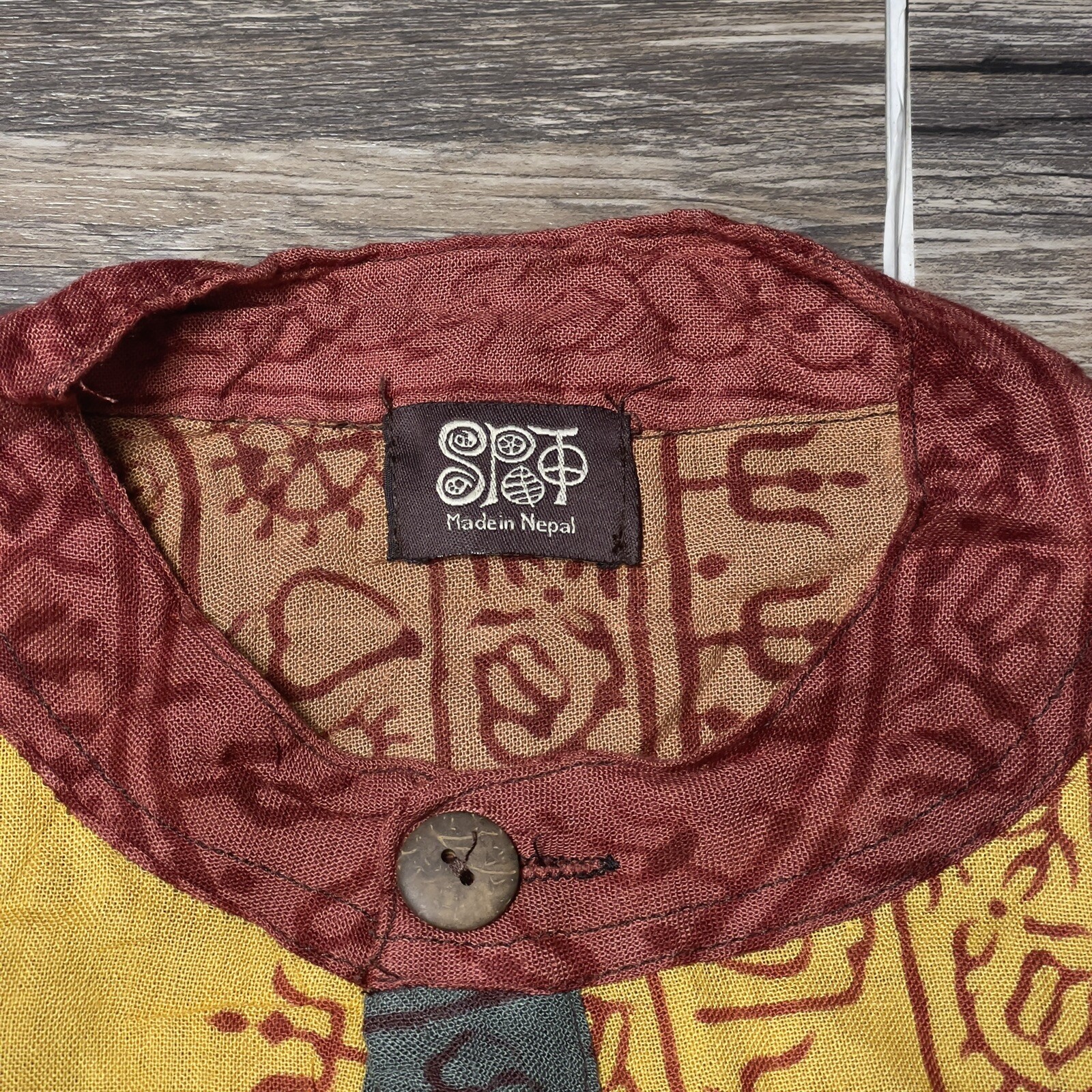 Hippie Hare Rama Hare Krishna Patchwork Yoga 3 Button Shirt Top Unisex L NWOT