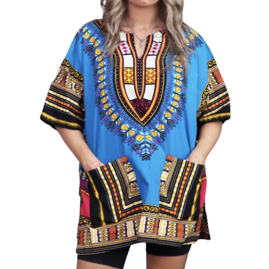 Island Expressions Top Blue Dashiki Tribal African Tunic Caftan Boho Sz L NWOT