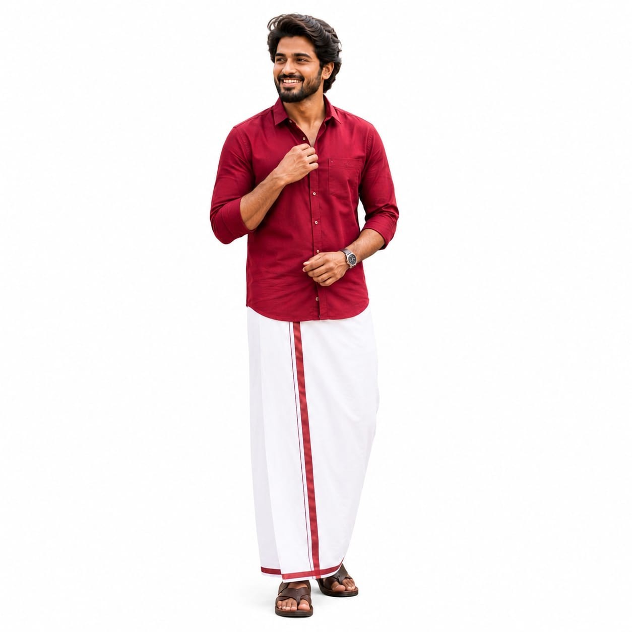 Men’s 100% Cotton Handwoven Dhoti 2M Traditional White Veshti Color Border