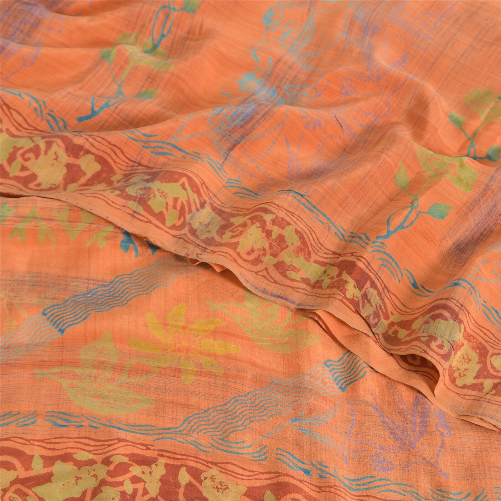 Sanskriti Vintage Printed 100% Pure Crepe Silk Sarees Peach Sari Craft Fabric
