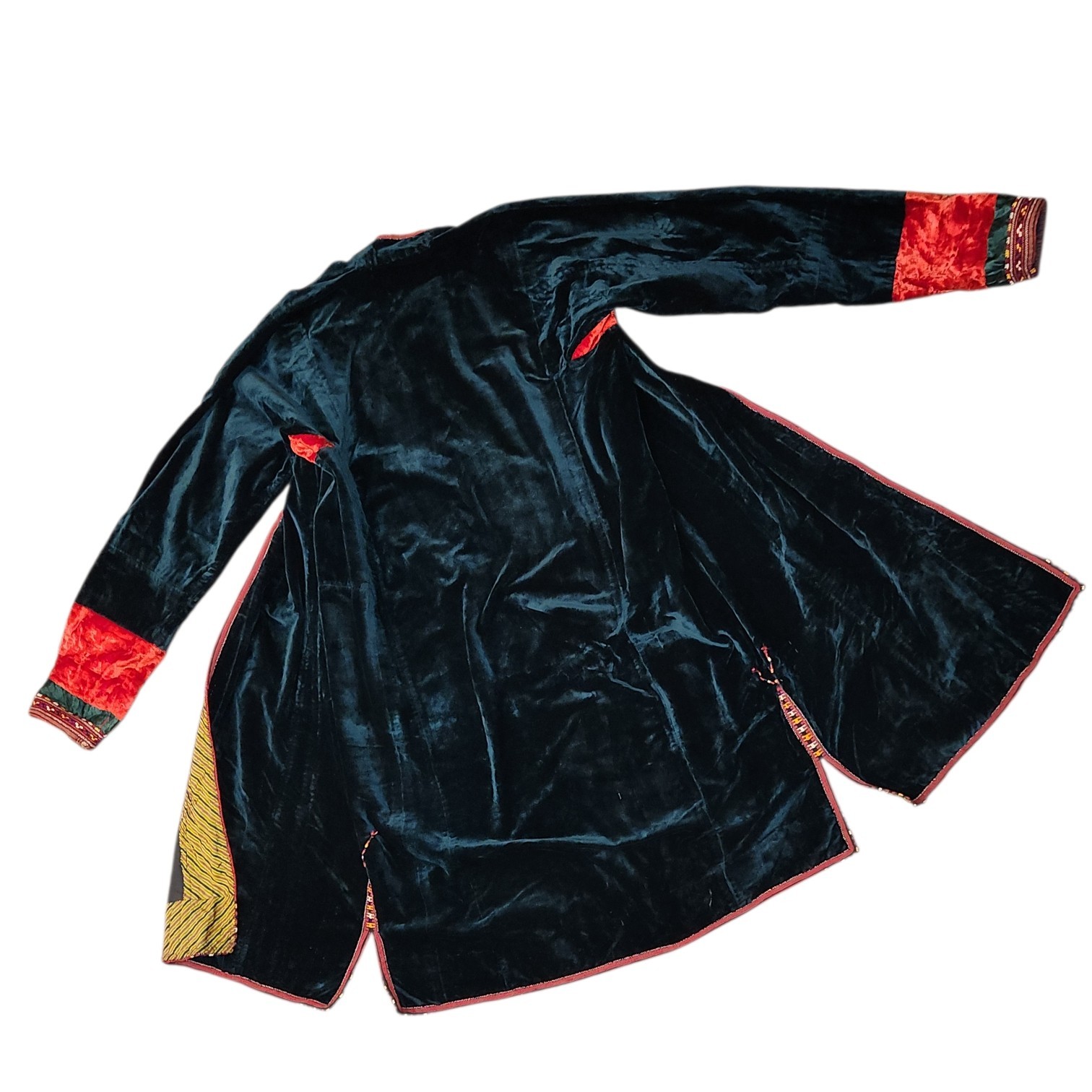 Vintage Turkmen Velvet Green Red Embroidered Chapan, Kaftan Robe (M/L ?)