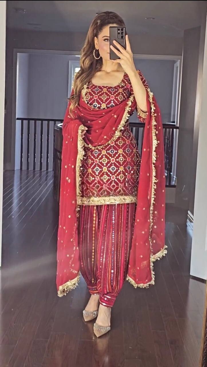 Designer New Heavy Chinnon Silk Red Top Dhoti With Dupatta For Women