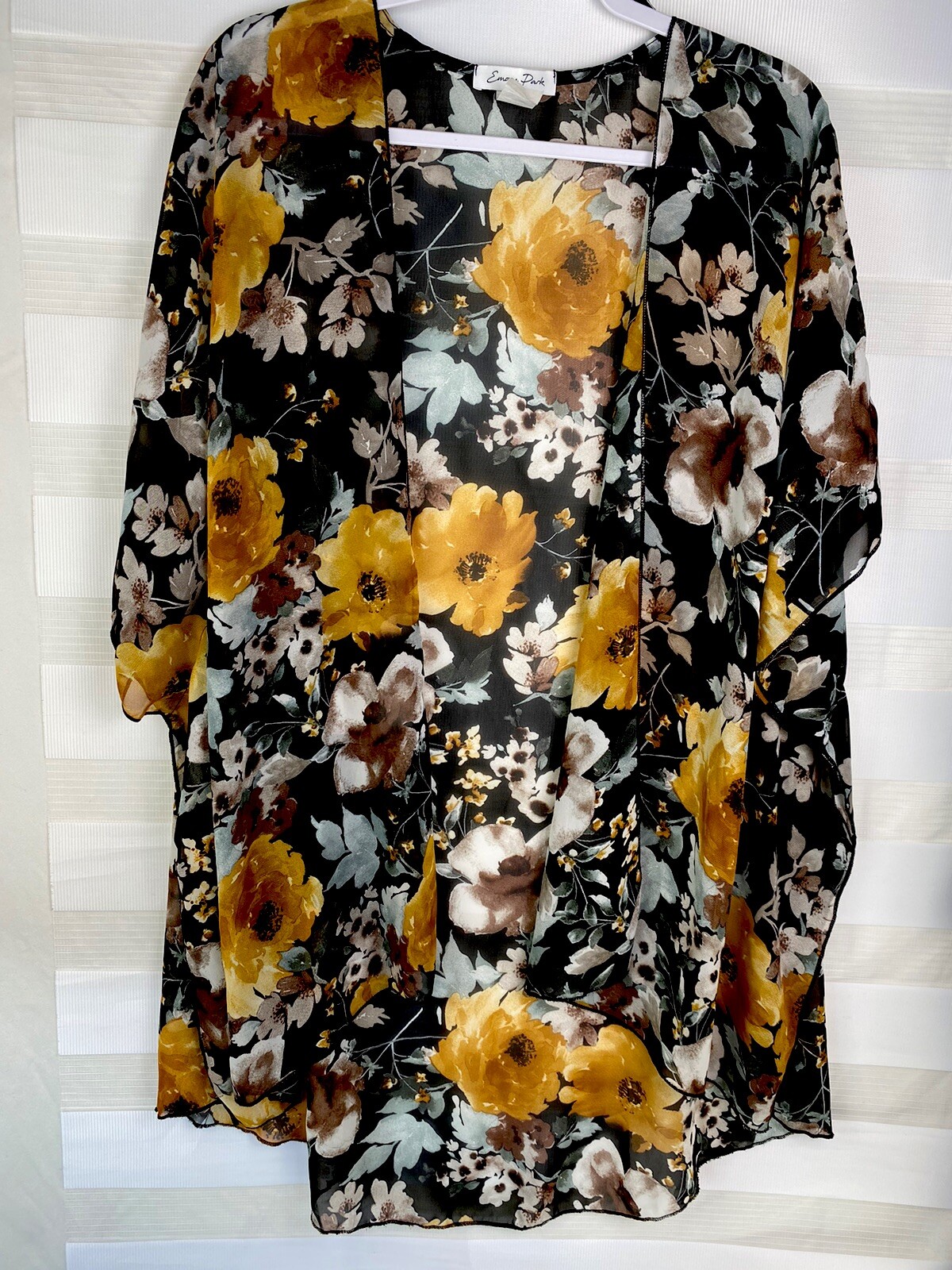 Emory Park Sheer Women’s One Size Black White & Orange Floral Kimono Cover Up