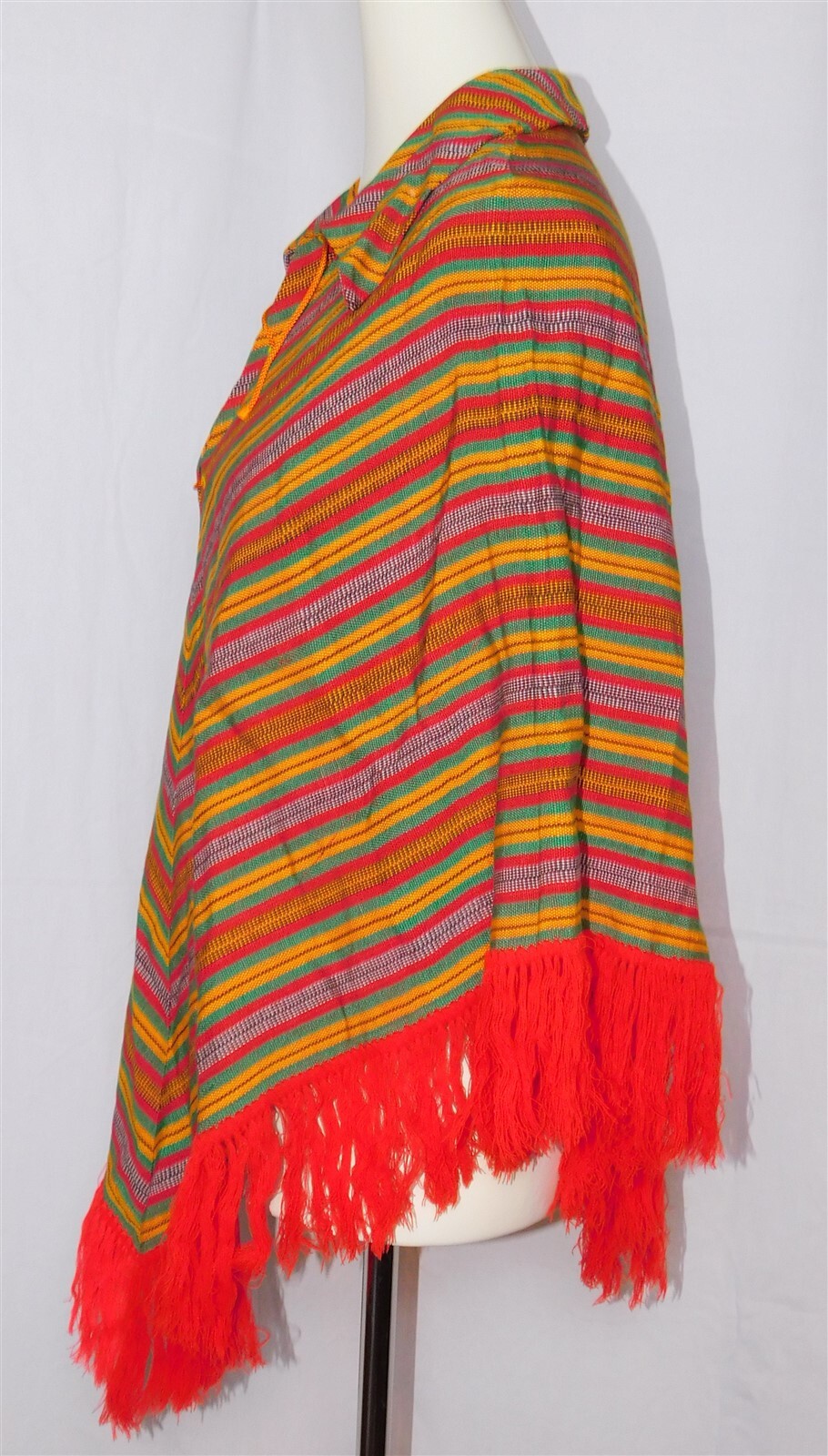Vtg S.C. VIZCARRA Woven Multi-color Striped Lace Up Collared Cape Poncho Sz M