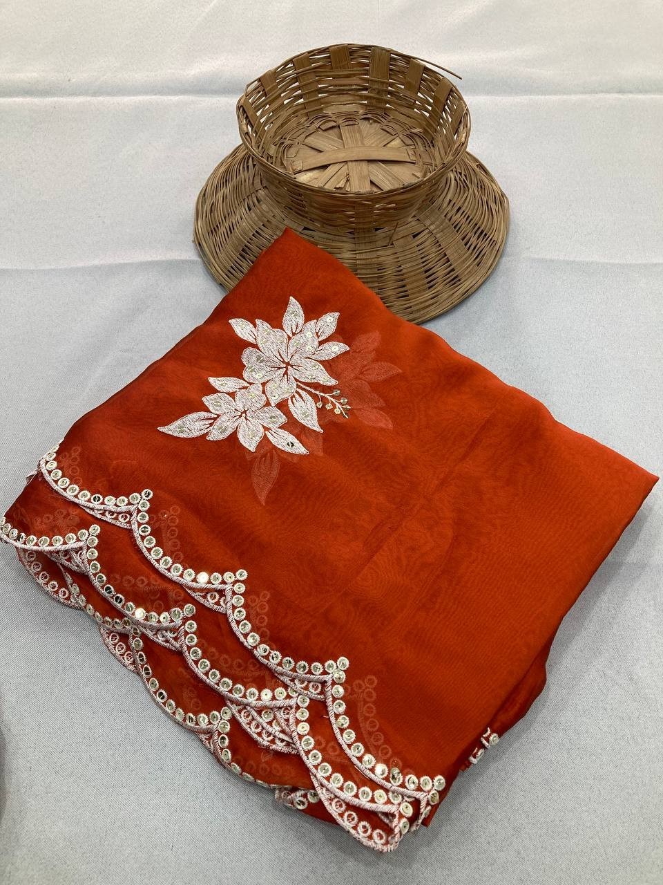 Traditional Indian Silk Saree Embroidered Cutwork Border Party Wear Wedding Sari
