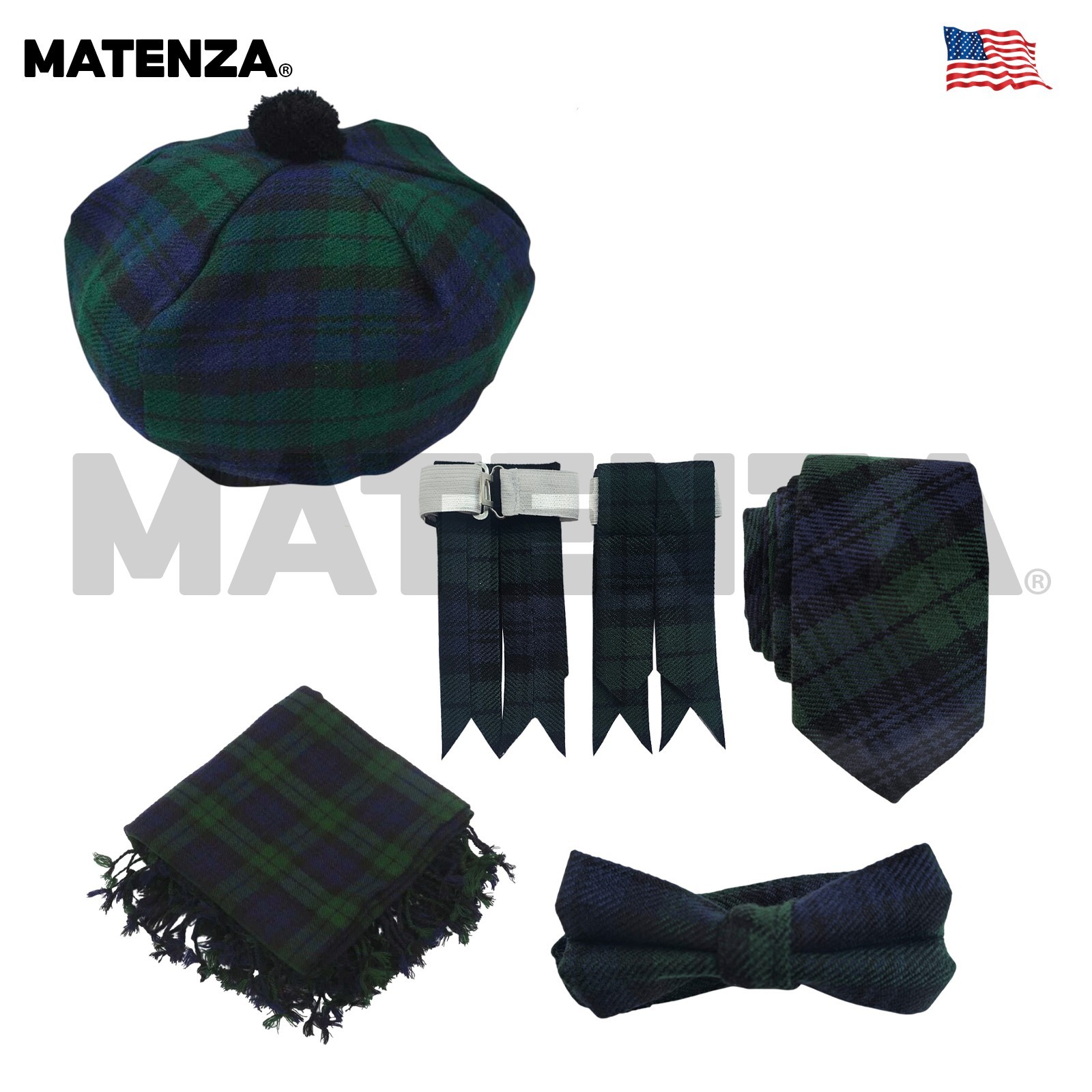 Black Watch Tartan 14pc Scottish Kilt Outfit Set 5 Yard Highland Wear