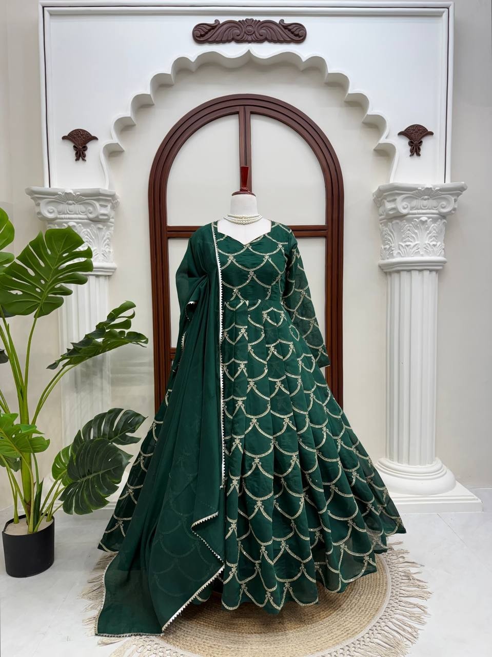 Designer Mal Chanderi Green Gown Bottom With Dupatta For Reception Wear