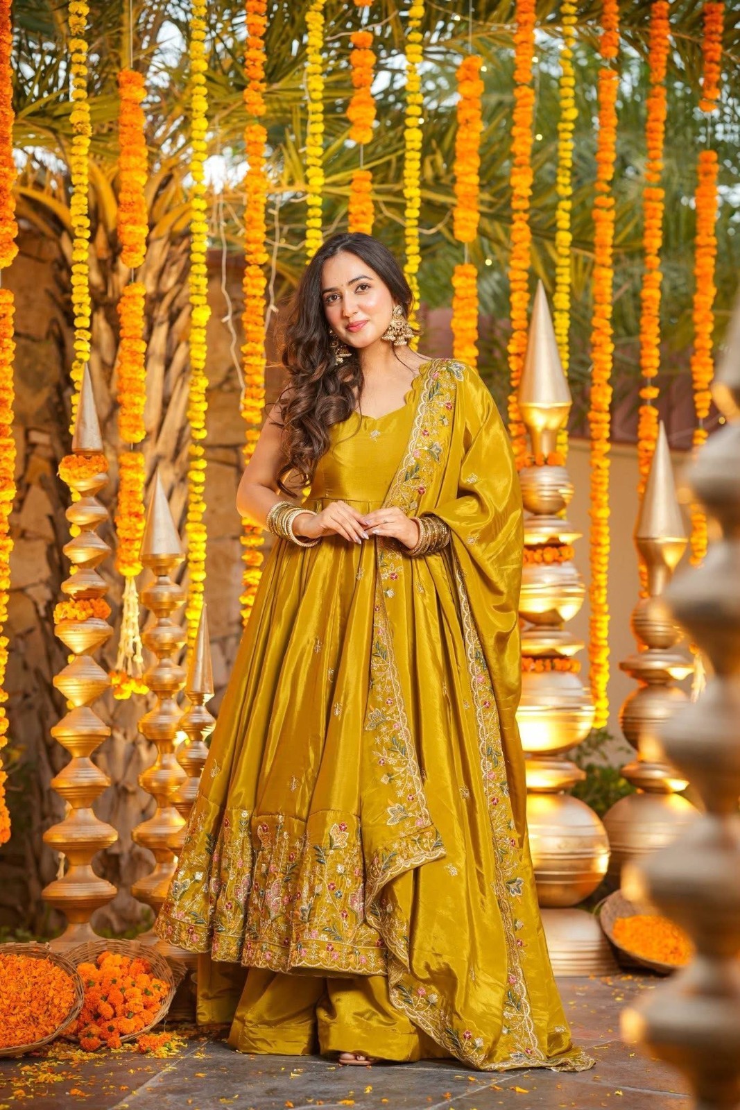 Stylish Yellow Natural Crep Silk Gown Palazzo With Dupatta For Function Wear