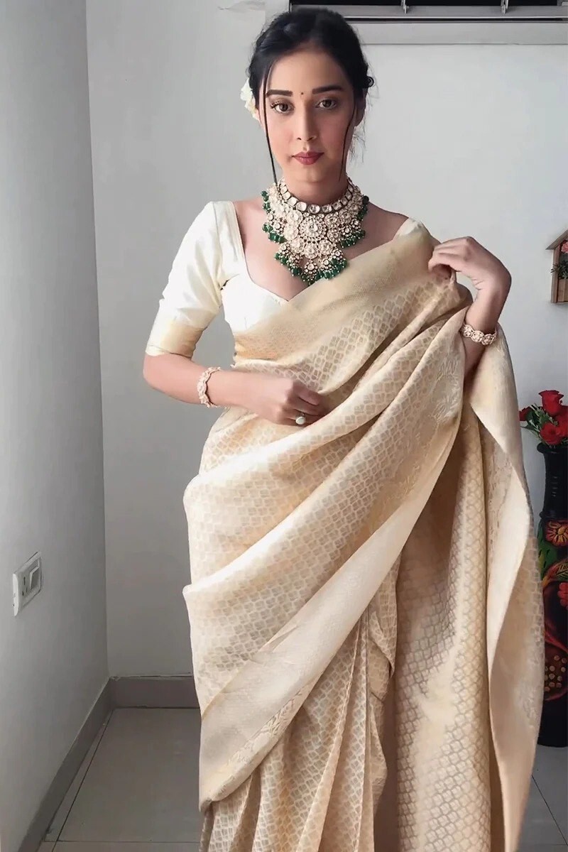 Pradeep Fashion Off-White Color Litchi Silk Blend One Minute Drape Saree Blouse.