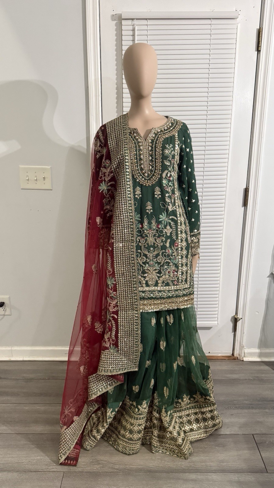 Pakistani Embroidered Chiffon 3 Piece Suit Green | Net Dupatta | Net Palazzo |