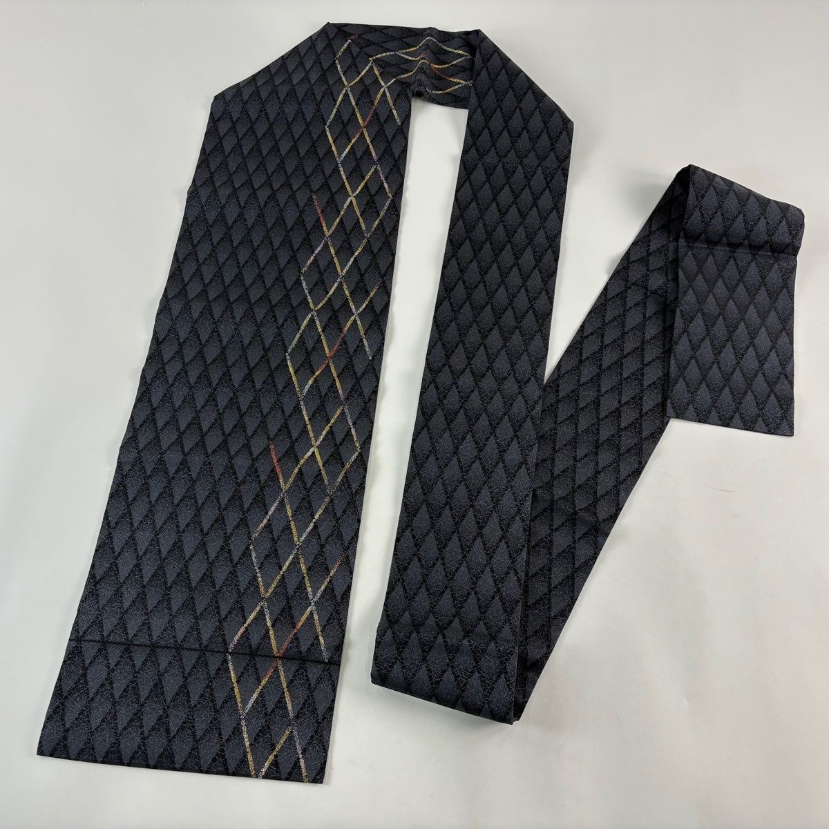 Nagoya Obi Embroidery Gold Silver Thread Diagonal Lattice Black Gray Silk 359cm