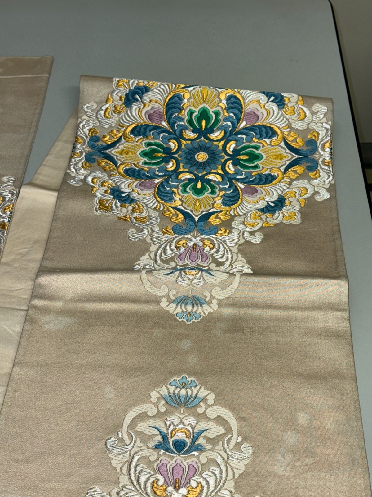 Japanese Vintage Kimono Fukuro Obi silk White Embroidery Expensive Dirt 170x12in