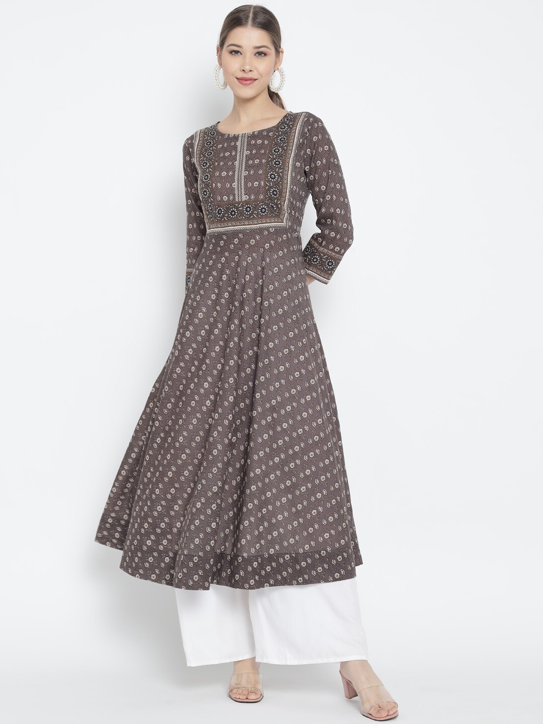 YASH GALLERY Women’s Cotton Floral Printed Grey Anarkali Kurti