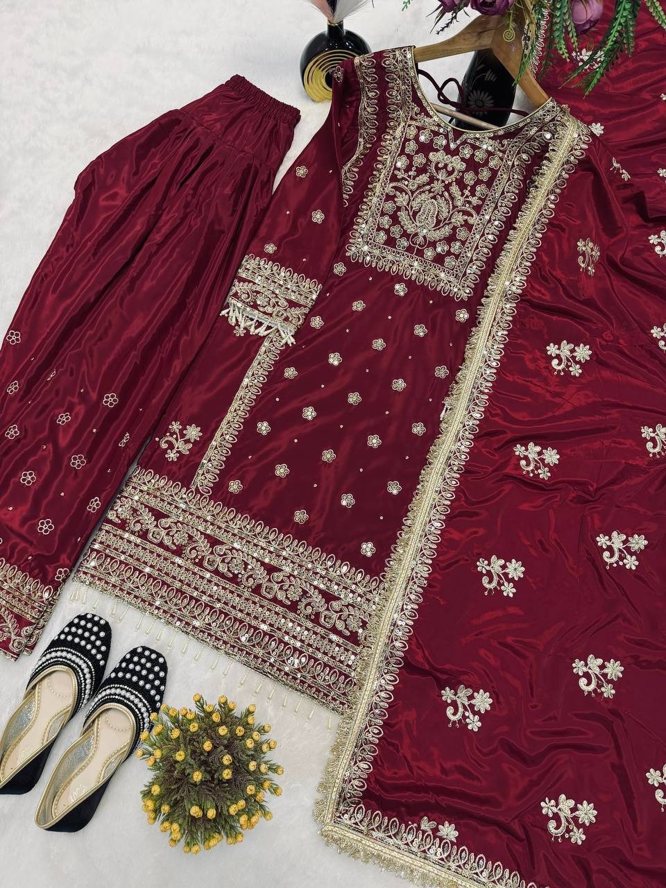 Fashionable Maroon Natural Crep Silk Top Bottom With Dupatta For Reception Wear