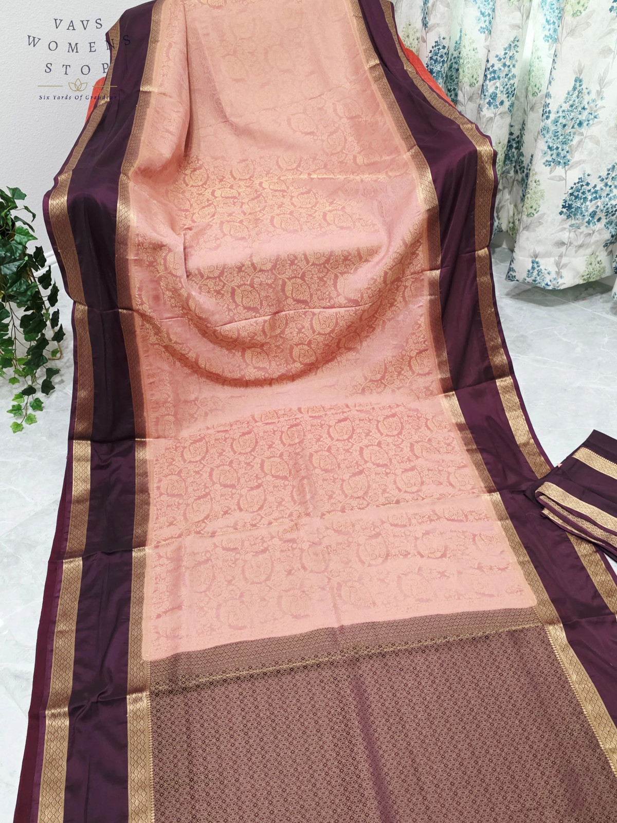 Blush Peach Aubergine Purple Semi Mysore Crepe Silk Saree Gold Zari Border