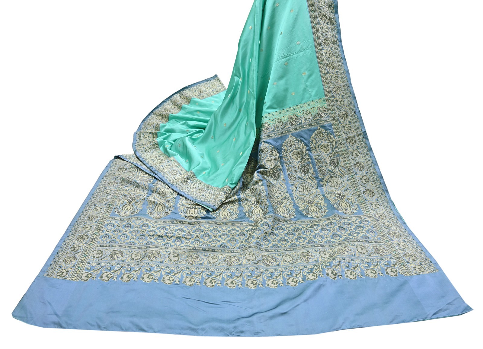 Indian Vintage Sari Heavy Pure Silk Woven Banarasi Brocade Saree Fabric 5Yd