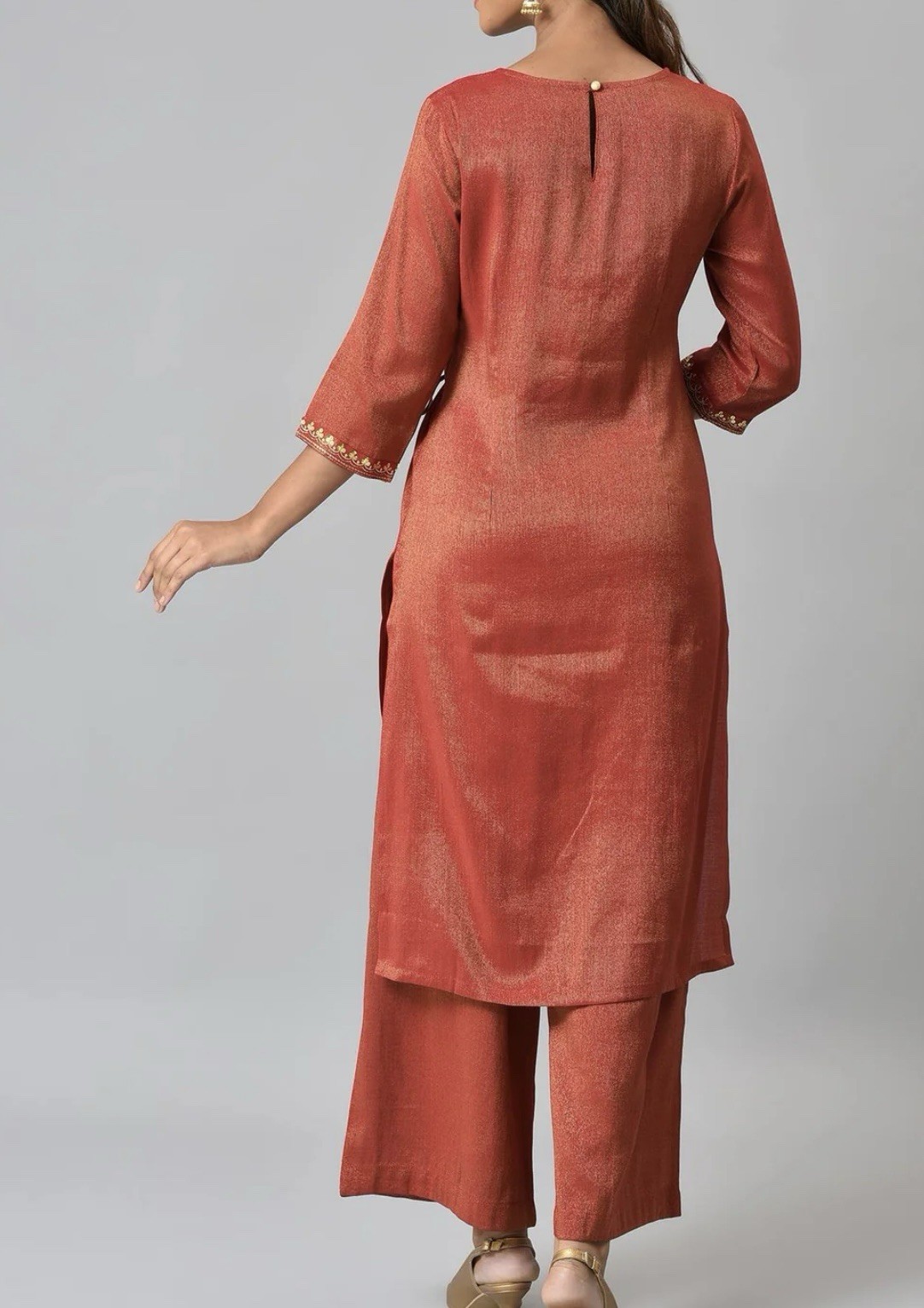 Red zari Embroidered kurta and straight palazzo front and side Slit With Tessels