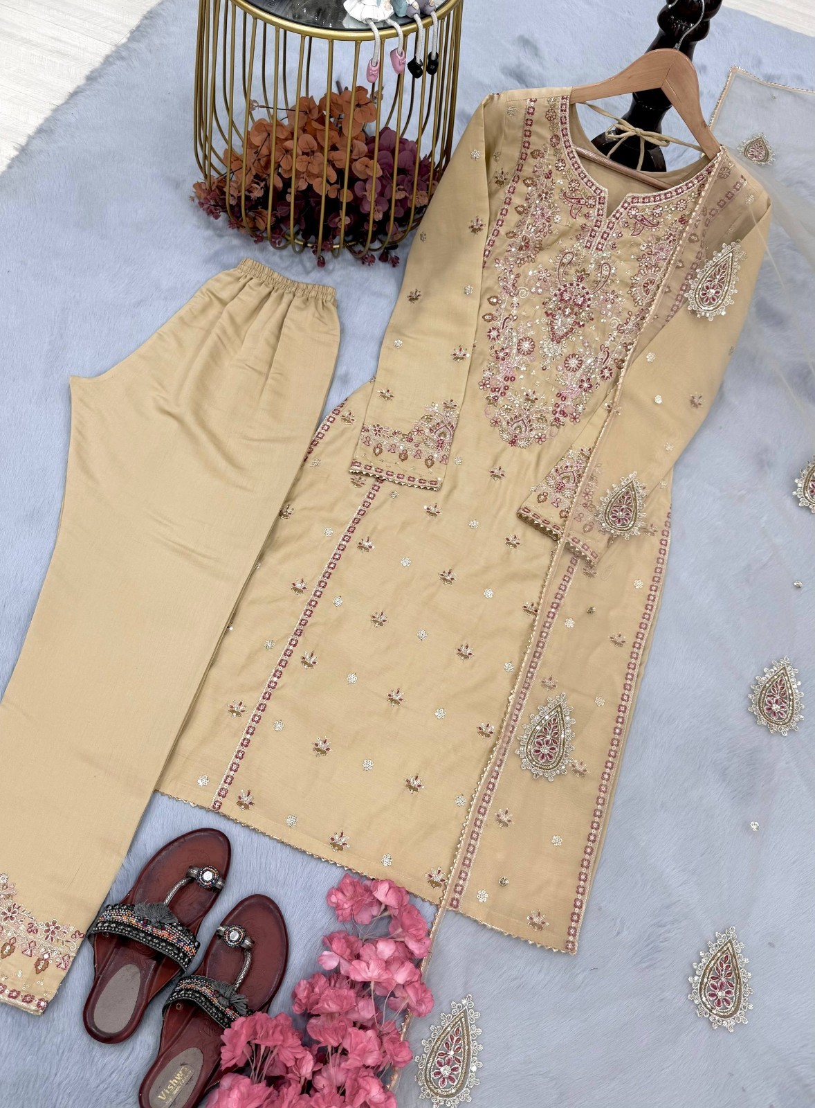 Stunning Look Roman Silk Cream Salwar Kameez With Dupatta For Ethnic Wear
