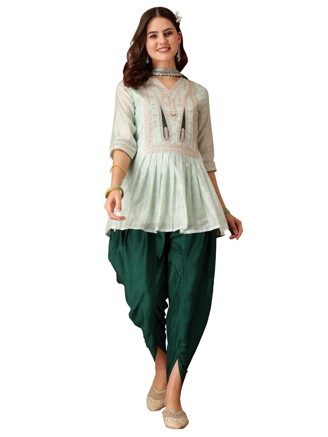 Women’s Chanderi Silk Embroidered A-Line Kurta Dhoti Pant with Choker Dupatta