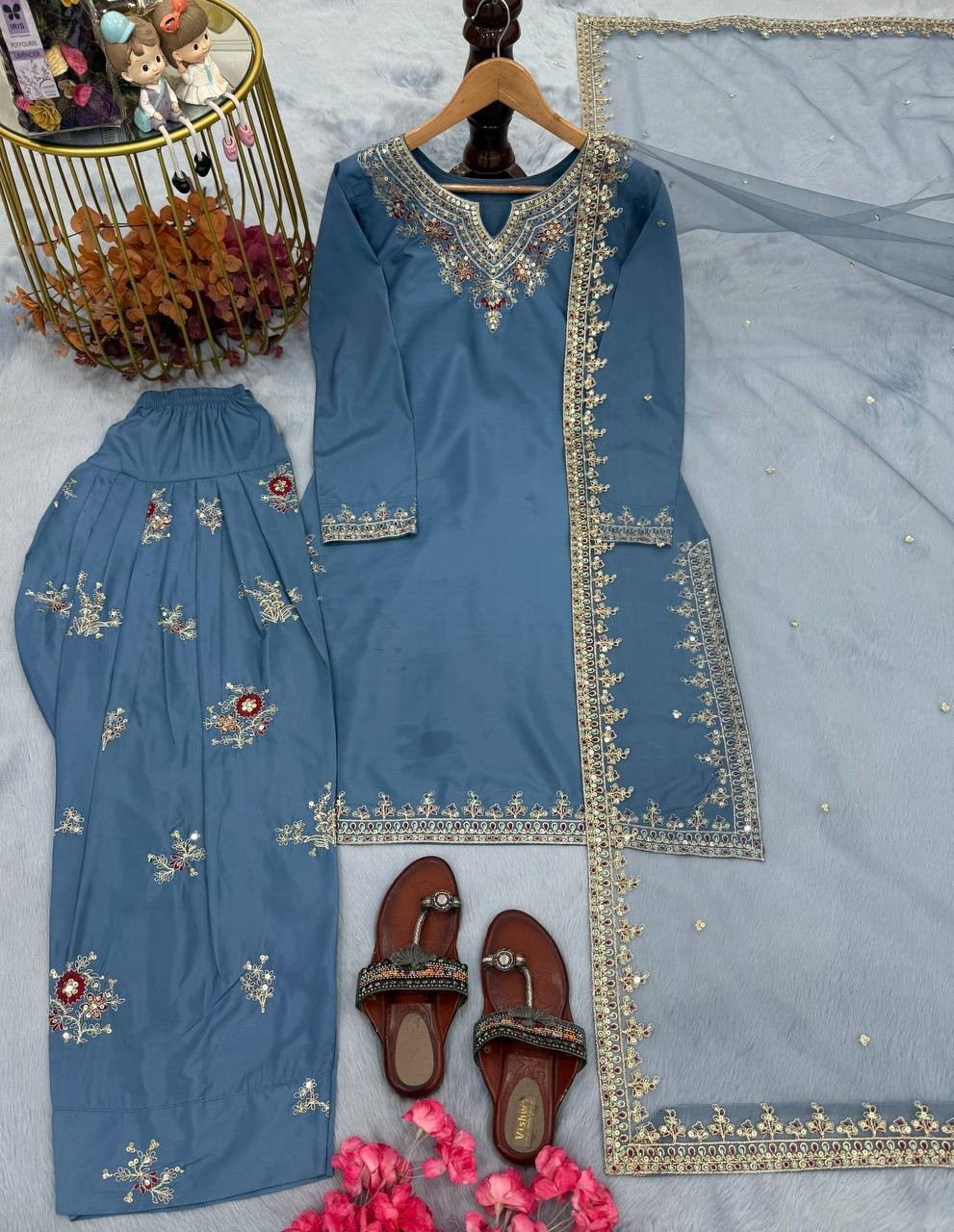 Pakistani Style Natural Crepe Blue Farshi Plazzo Suit with Embroidered Work