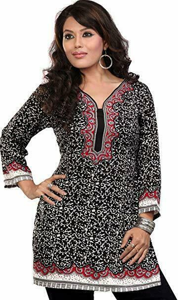 INDIAN TUNIC TOP WOMEN’S KURTI PRINTED CRAPE BLOUSE, BLACK/RED,32 BUST