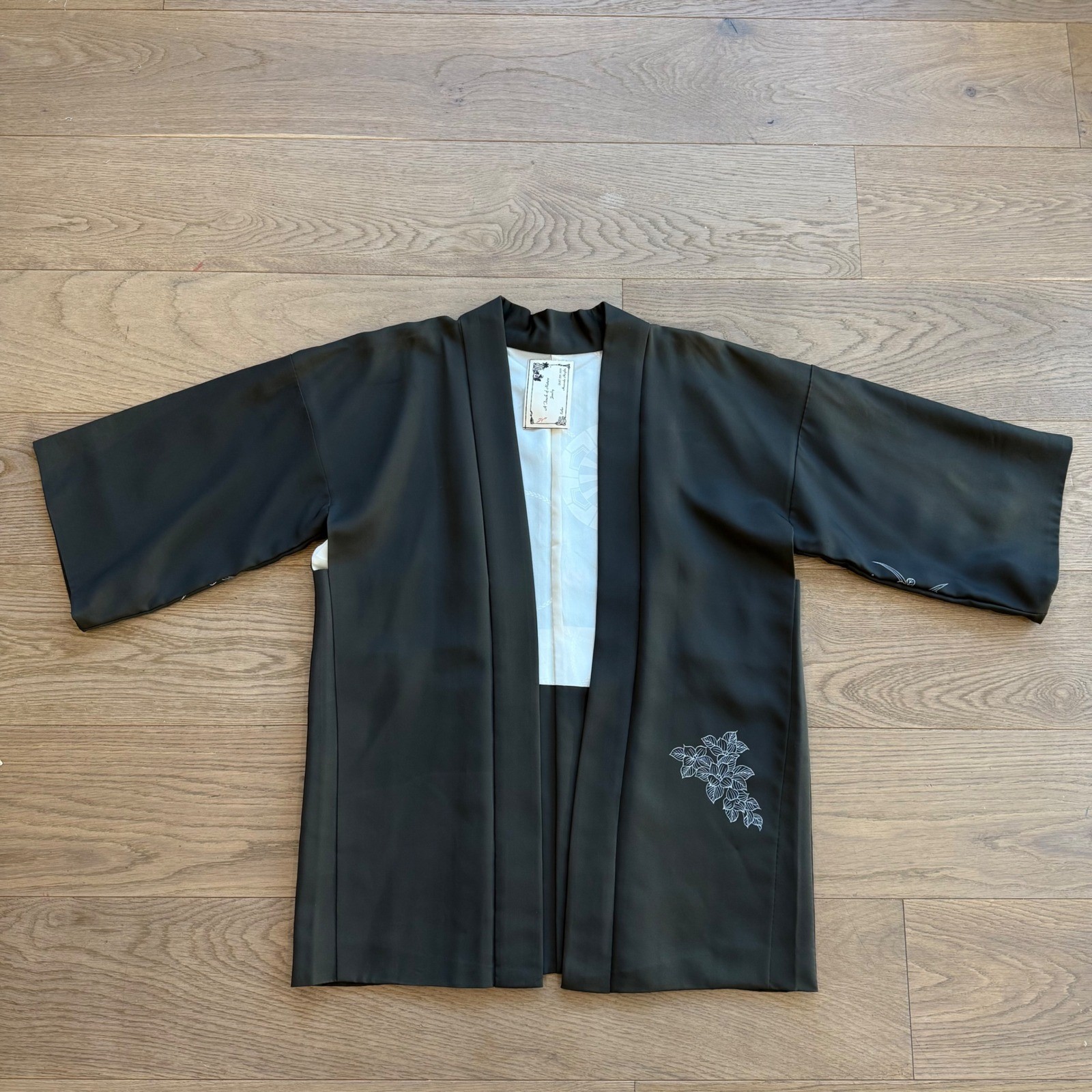Vintage Haori Kimono Jacket Charcoal Floral Embroidery One of a Kind Hand Sewn