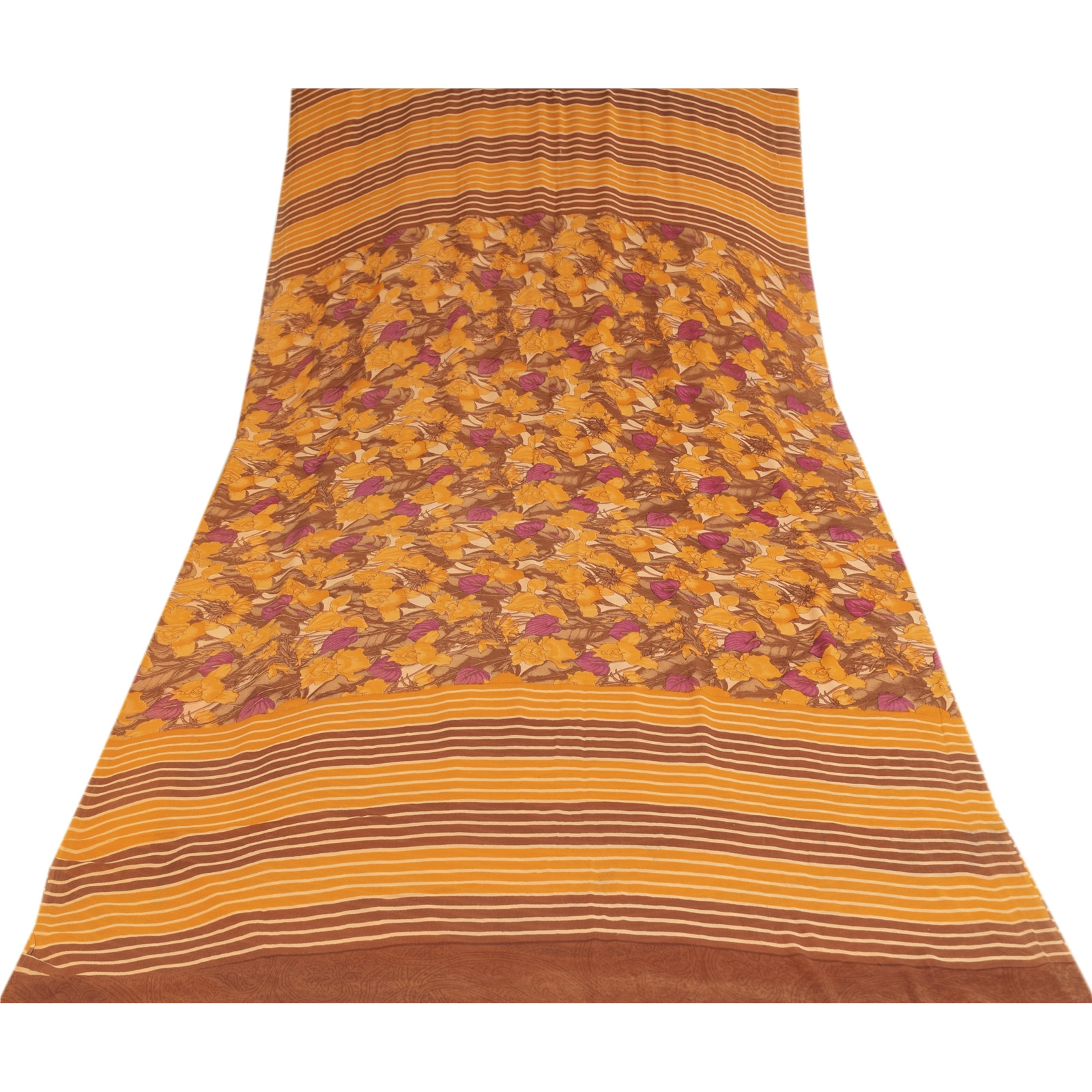 Sanskriti Vintage Sarees Yellow Pure Georgette Silk Print Sari 5+Yd Craft Fabric