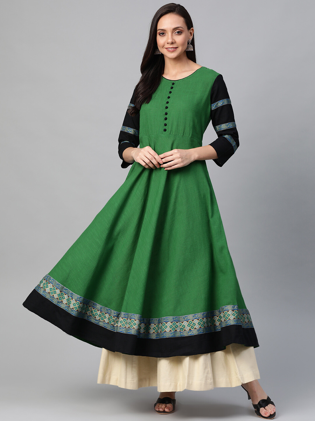 Indian Traditional Women’s Cotton Slub Long Anarkali Kurta/Kurti Green