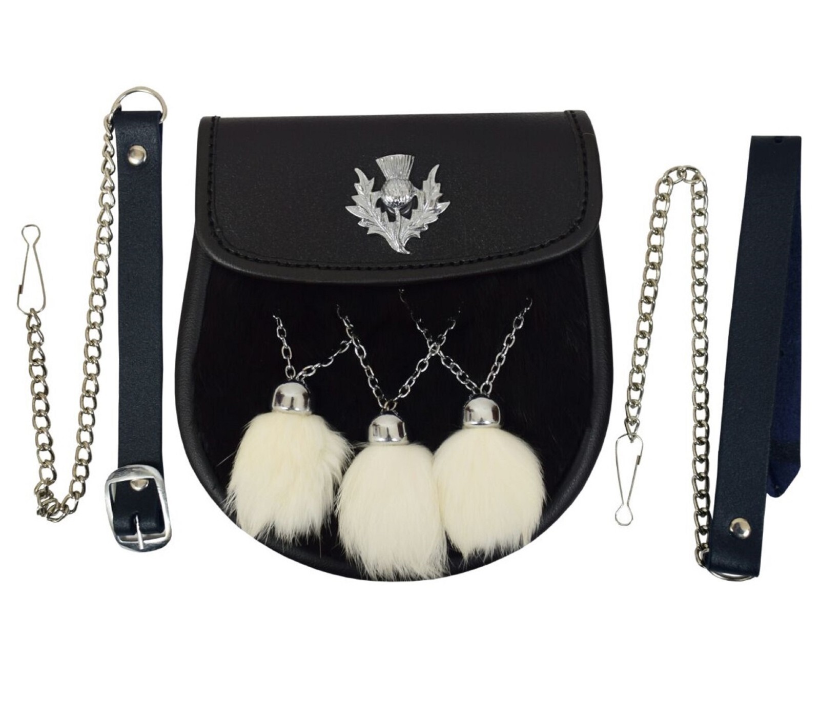 KILT SPORRAN THISTLE CREST BLACK RABBIT FUR 3 TASSLES CHROME WHITE