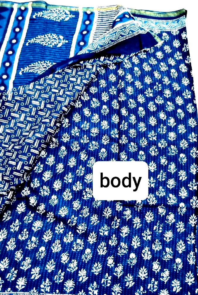 Indigo 100% cotton mulmul hand block jari border saee with unstitched 1