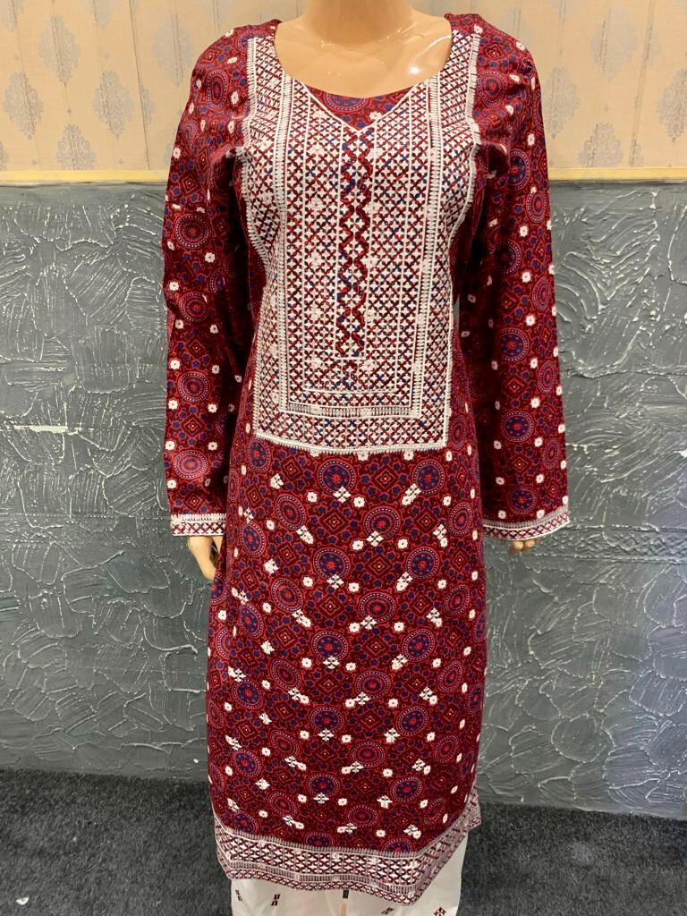 Pakistani Maroon Ajrak Printed Straight Shirt 3-PCS Lawn Dress, Threadwork,L#1