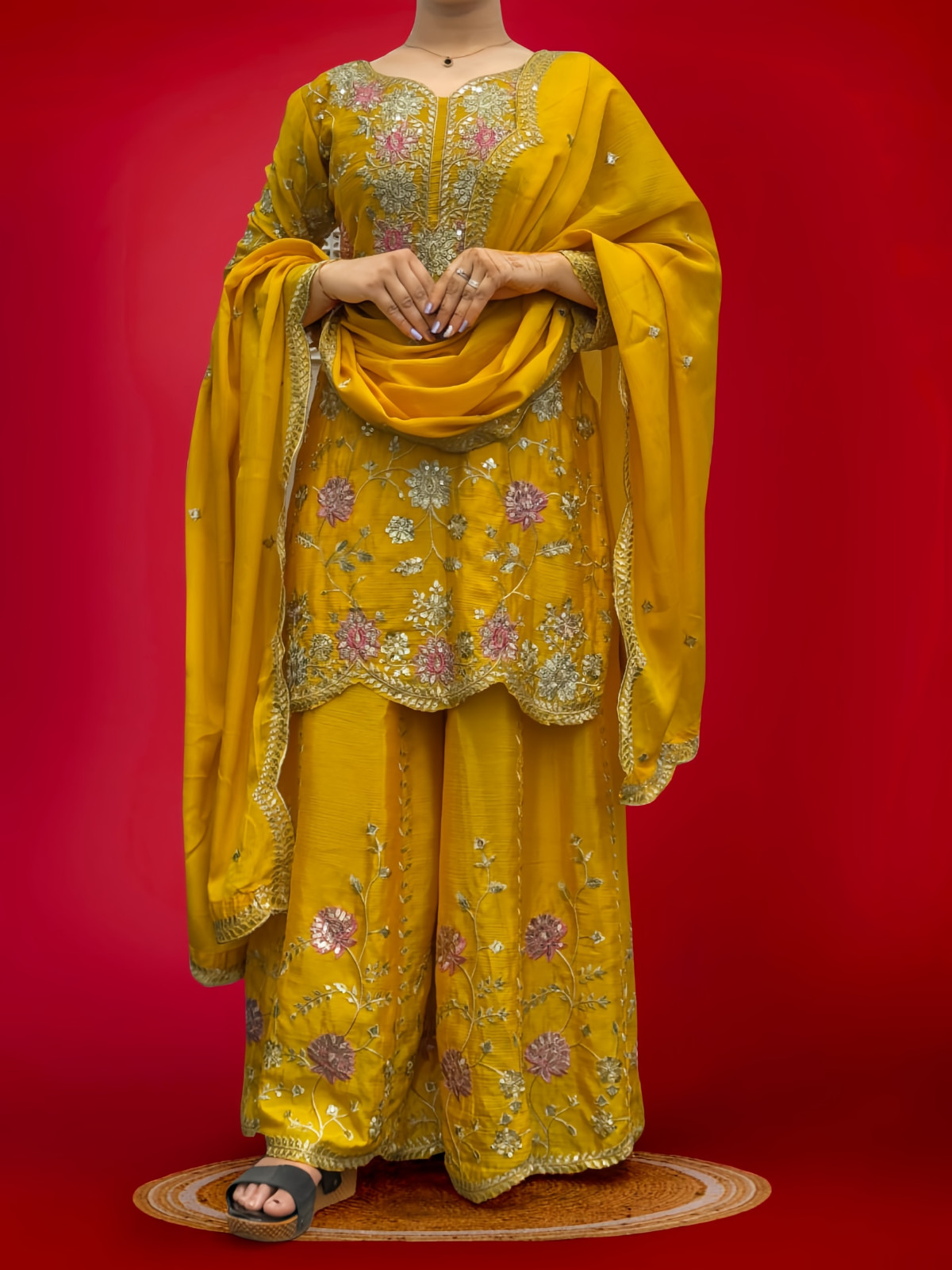 Traditional Embroidered Sharara Suit Set Floral Design 3 Piece with Dupatta