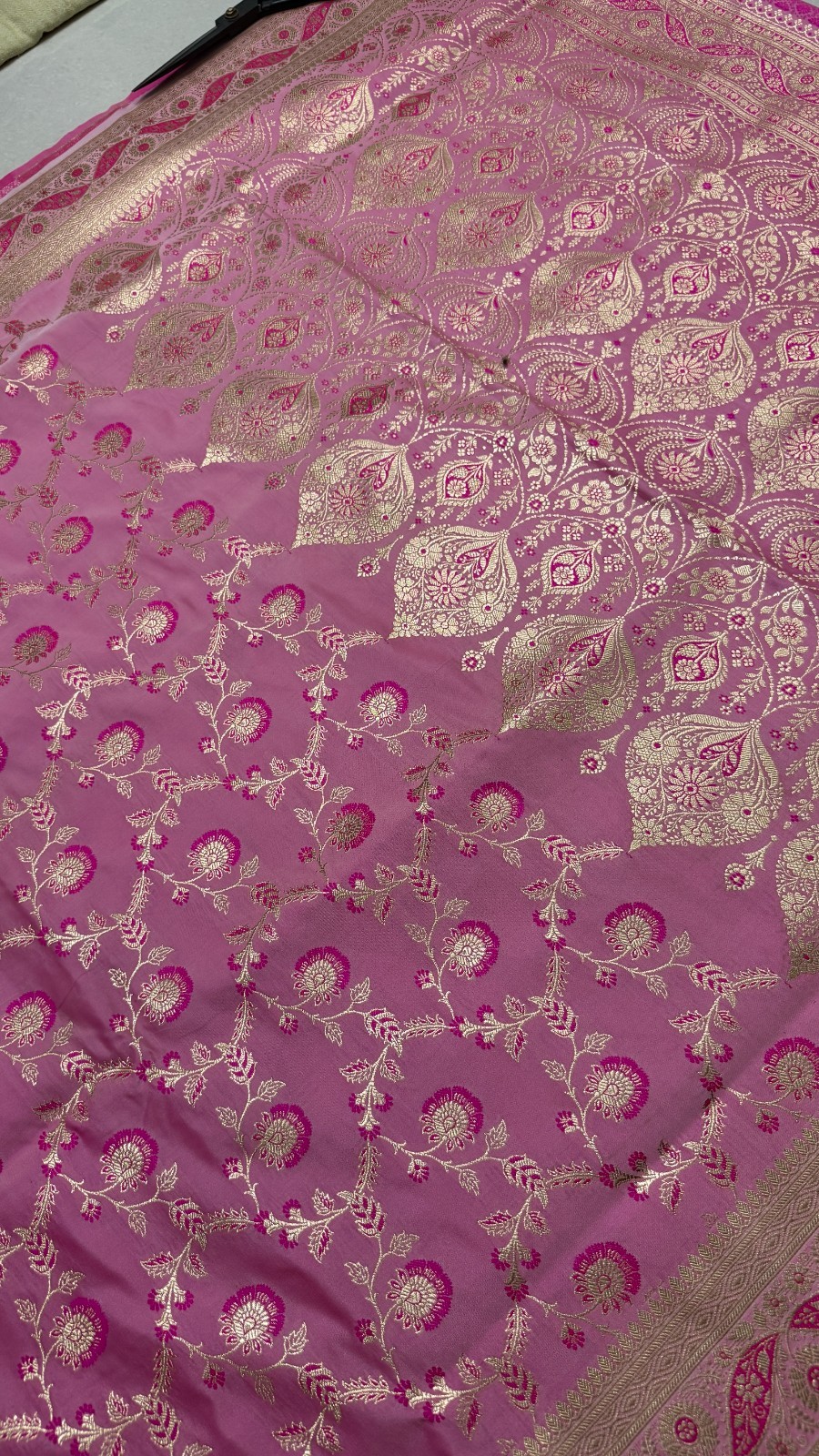 Pure Katan Silk Banarasi Saree, Fuchsia Pink Handwoven Gold Zari Wedding Saree