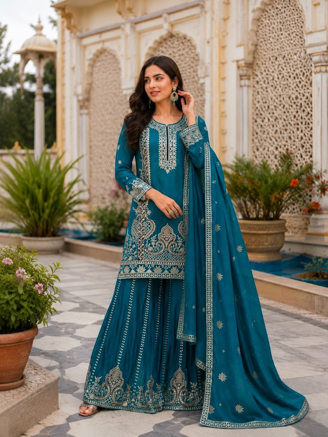 Peacock Blue Embroidered Pakistani Suit Women 3 Piece Party Wear Dress