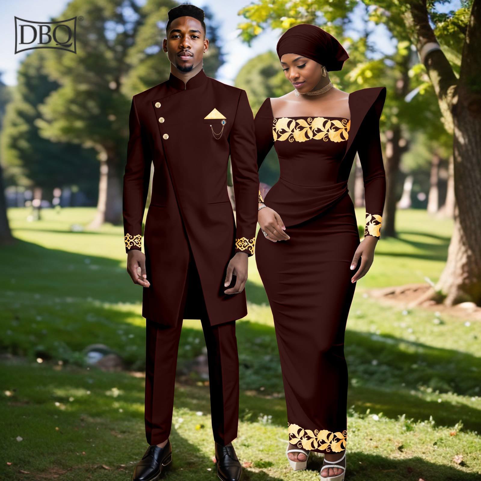 African Clothes for Couple Men`s Blazer Suit and Women`s Maxi Dress + Headscarf