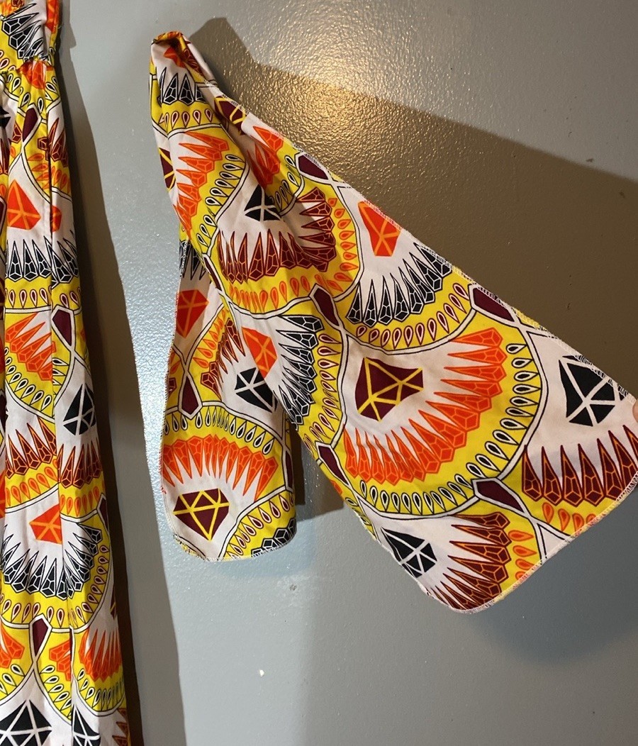 Maxi Circle Skirt African Ankara Print Diamonds Maroon Orange Yellow W/Hair Wrap
