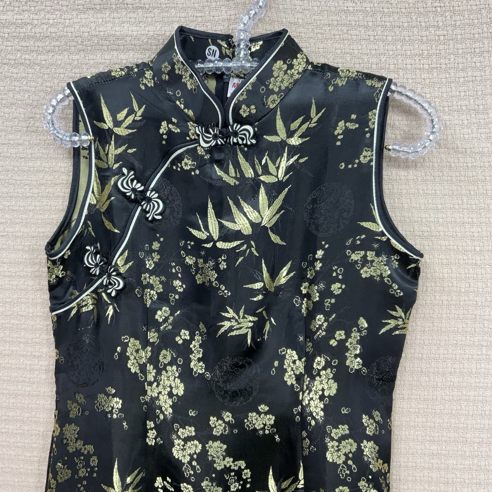 Mimi Oriental Cheongsam Qipao Dress Black Gold Floral Print Sleeveless Size M