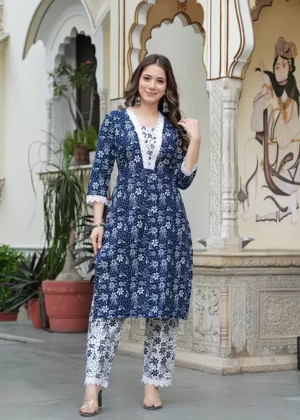 Indian Women Pure Cotton Kurta Set Beautiful Top Tunic Kurti Pant Set Dress