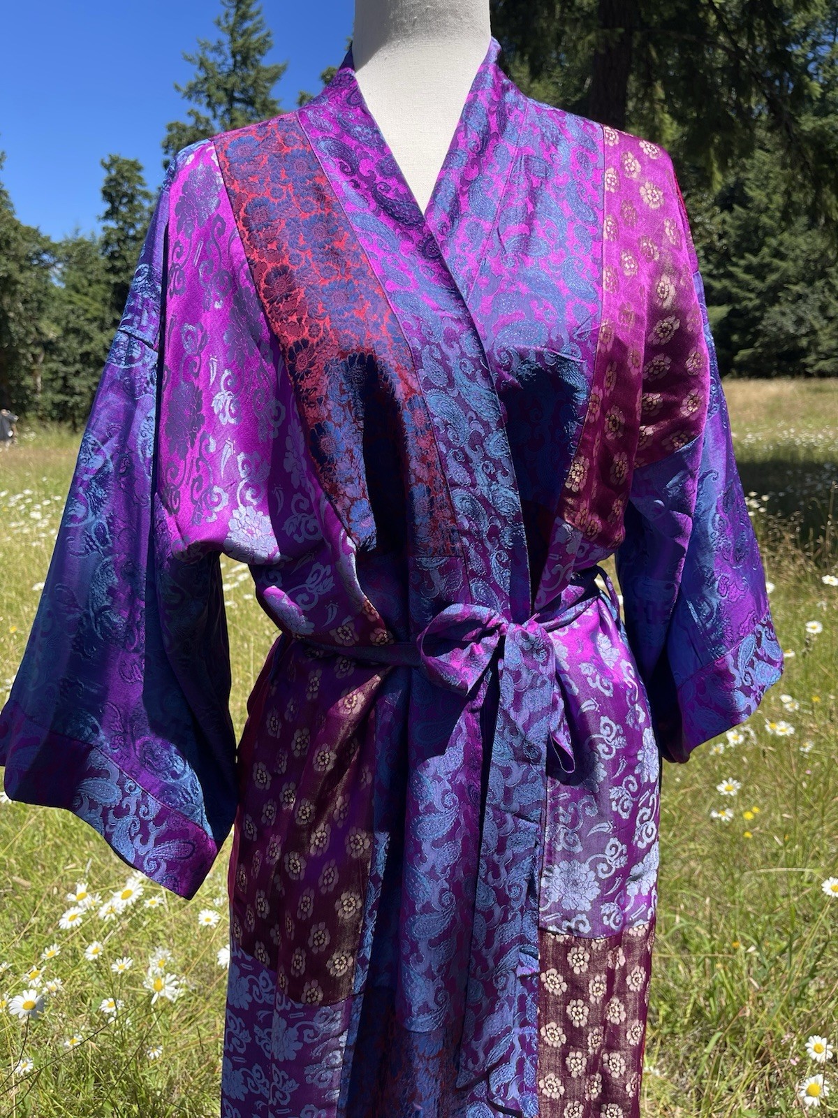 Handmade Silk Kimono Robe, Purple, One Size, Tie Belt Unisex Adult