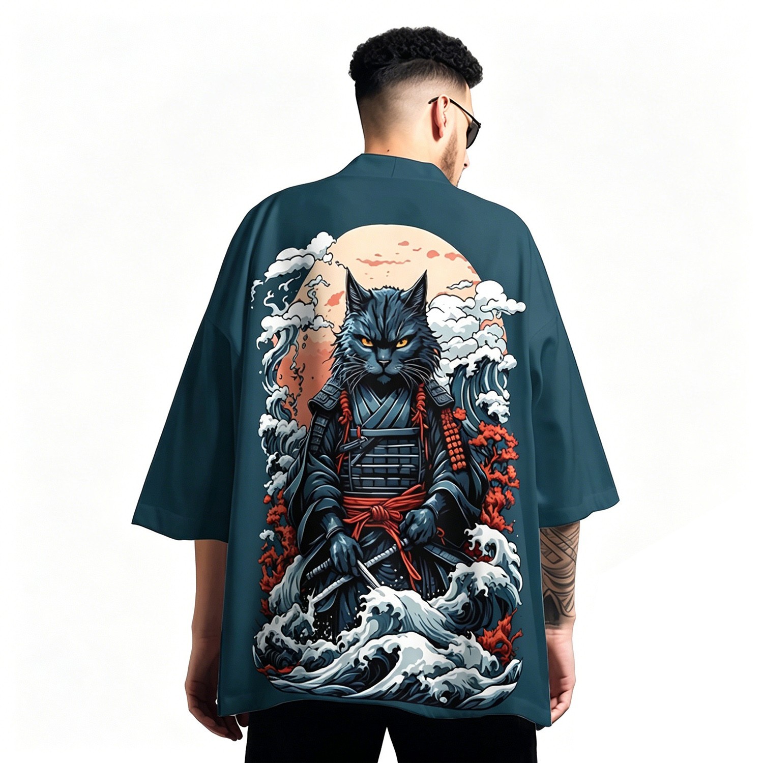 Niepce Men’s Japanese Graphic Lightweight Samurai Cat Kimono Cardigan Shirt Top