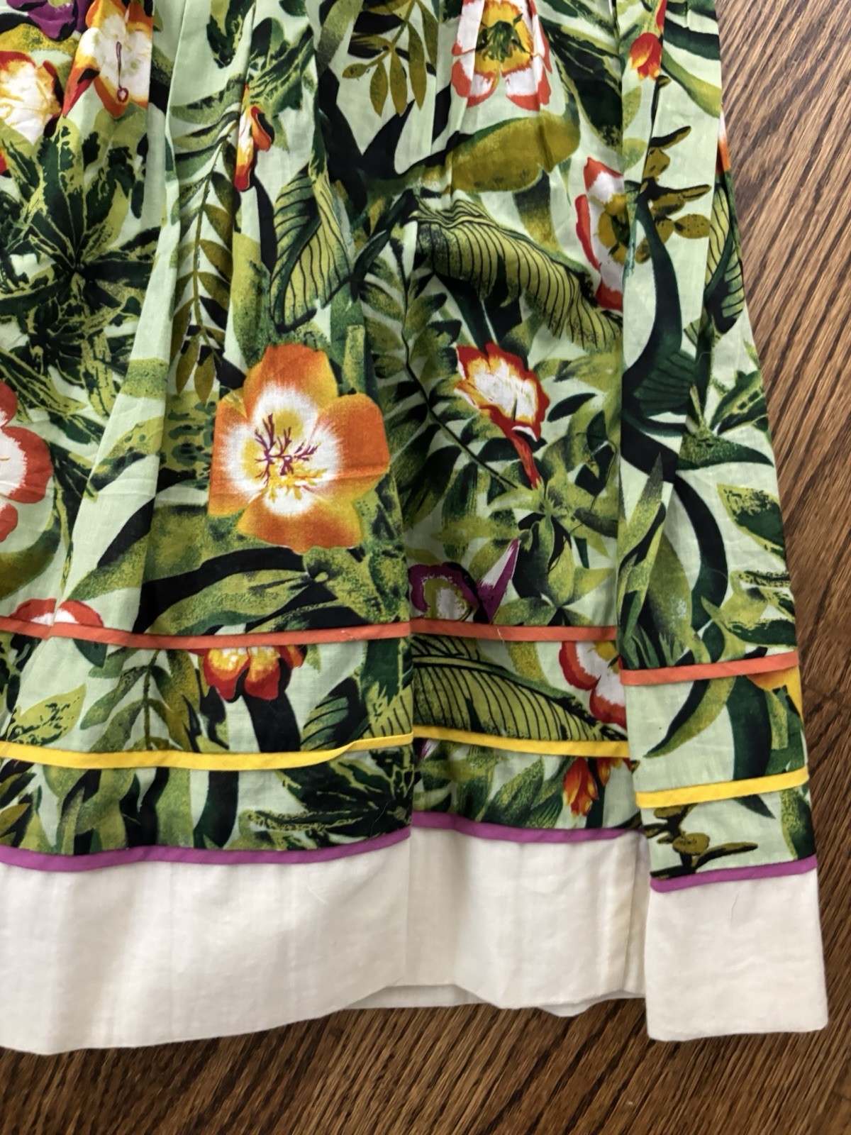 Vintage Green Tropical Floral Tiered Gypsy Lace Trim Festival Skirt Small