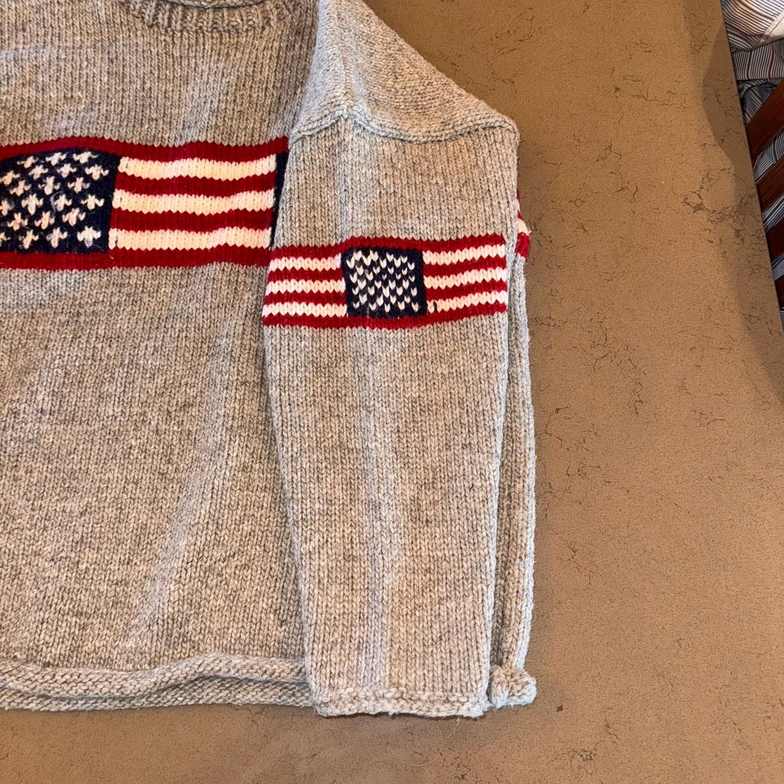 Inca 100% Wool Gray Cardigan Sweater American Flag Ecuador Oversized M/L