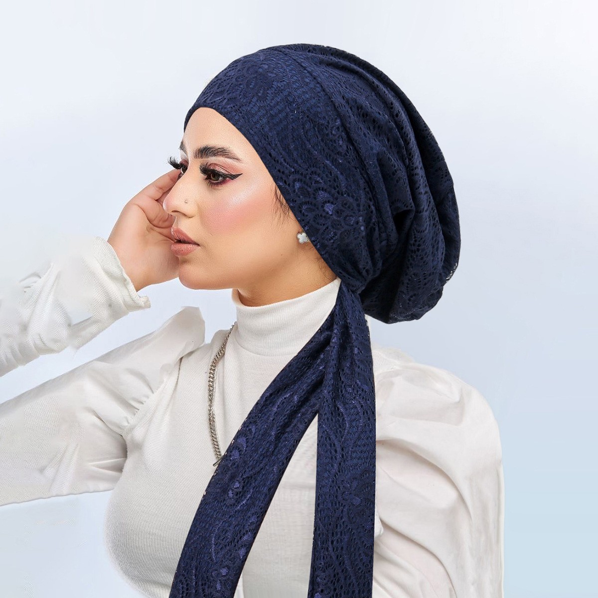 Solid Color Lace Women Turban Cap Elegant Muslim Fashion Strap Hollow Out Scarf